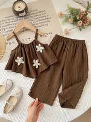 2pcs Girls Crochet Flower Cami Top & Wide-Leg Pants Set - Wenge | 2...