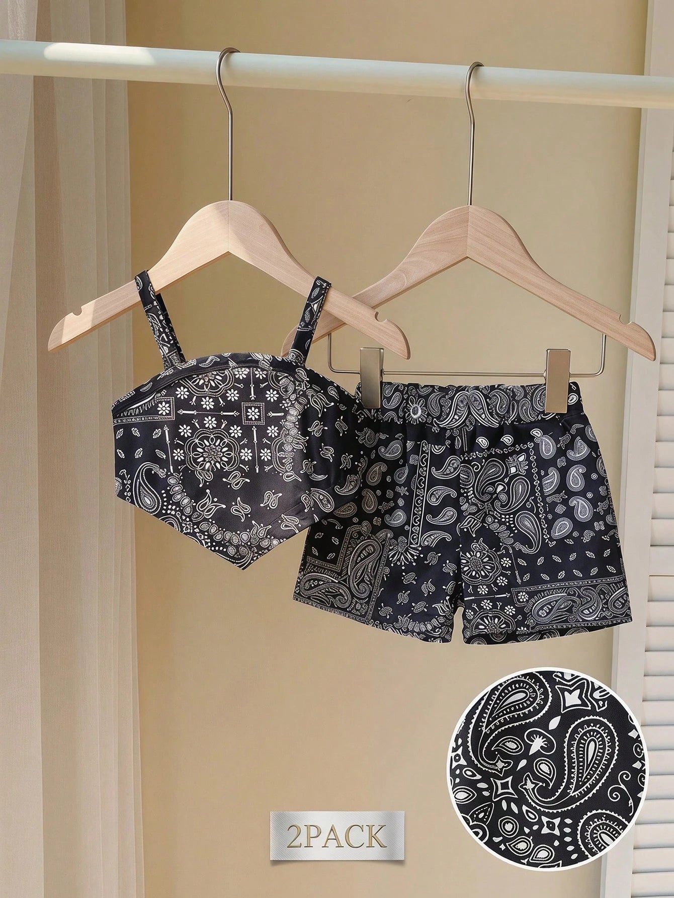 2pcs Girls Paisley Bandana Cami Top & Shorts Set - Onyx | 21 Centur...