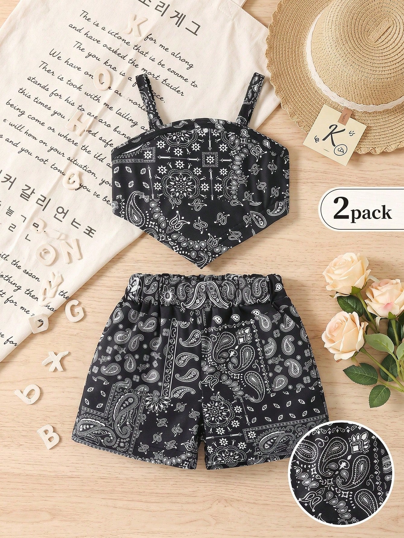 2pcs Girls Paisley Bandana Cami Top & Shorts Set - Onyx | 21 Centur...