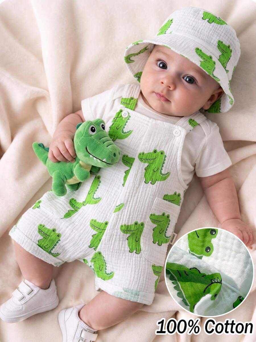 2pcs Boys Crocodile Print Muslin Dungaree & Bucket Hat Set - Ivory ...