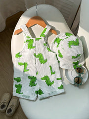 2pcs Boys Crocodile Print Muslin Dungaree & Bucket Hat Set - Ivory ...