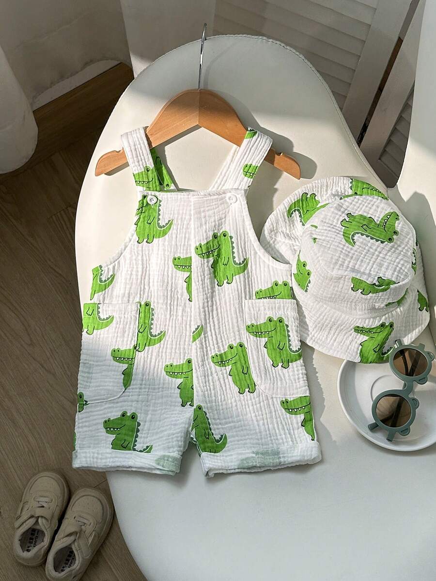 2pcs Boys Crocodile Print Muslin Dungaree & Bucket Hat Set - Ivory ...