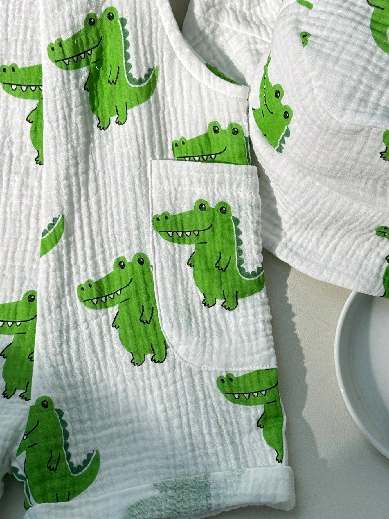 2pcs Boys Crocodile Print Muslin Dungaree & Bucket Hat Set - Ivory ...
