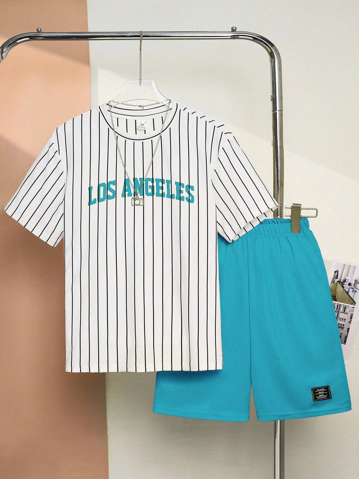 2pcs Big Boys Los Angeles Pinstripe Tee & Shorts Set - Ivory | 21 C...