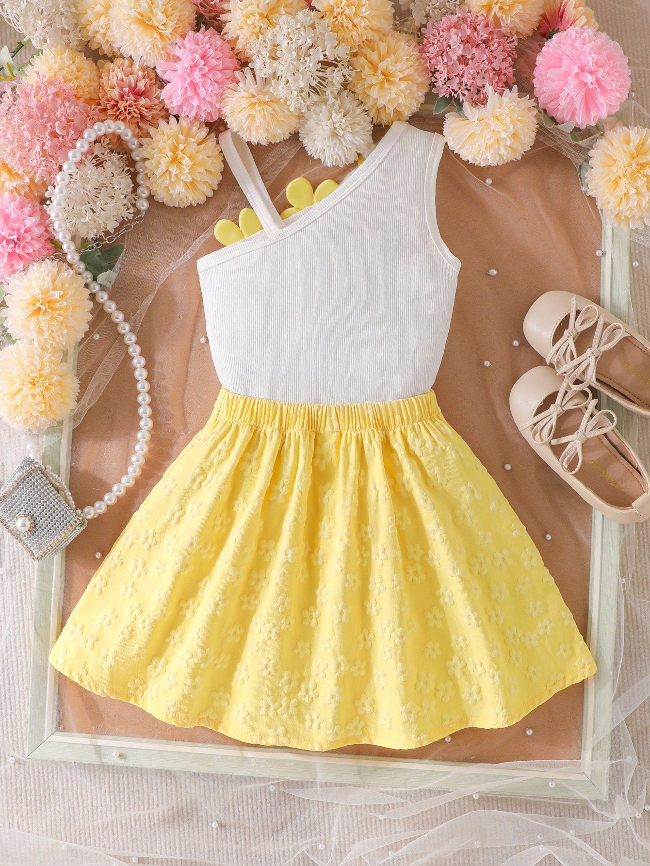 2pcs Girls 3D Floral Ribbed Cami & Pleated Skirt Set - Buttercup | ...