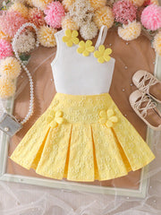 2pcs Girls 3D Floral Ribbed Cami & Pleated Skirt Set - Buttercup | ...