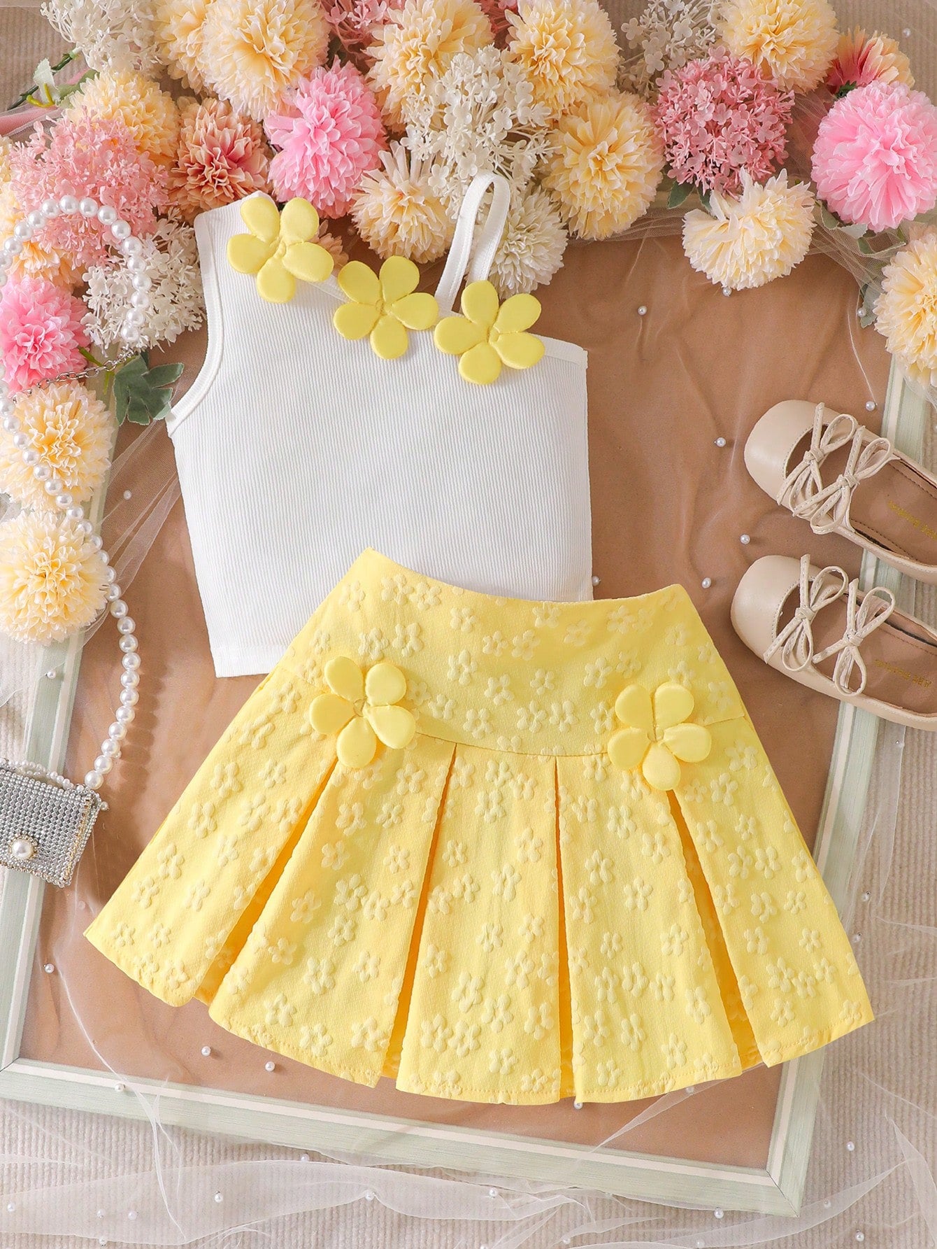 2pcs Girls 3D Floral Ribbed Cami & Pleated Skirt Set - Buttercup | ...