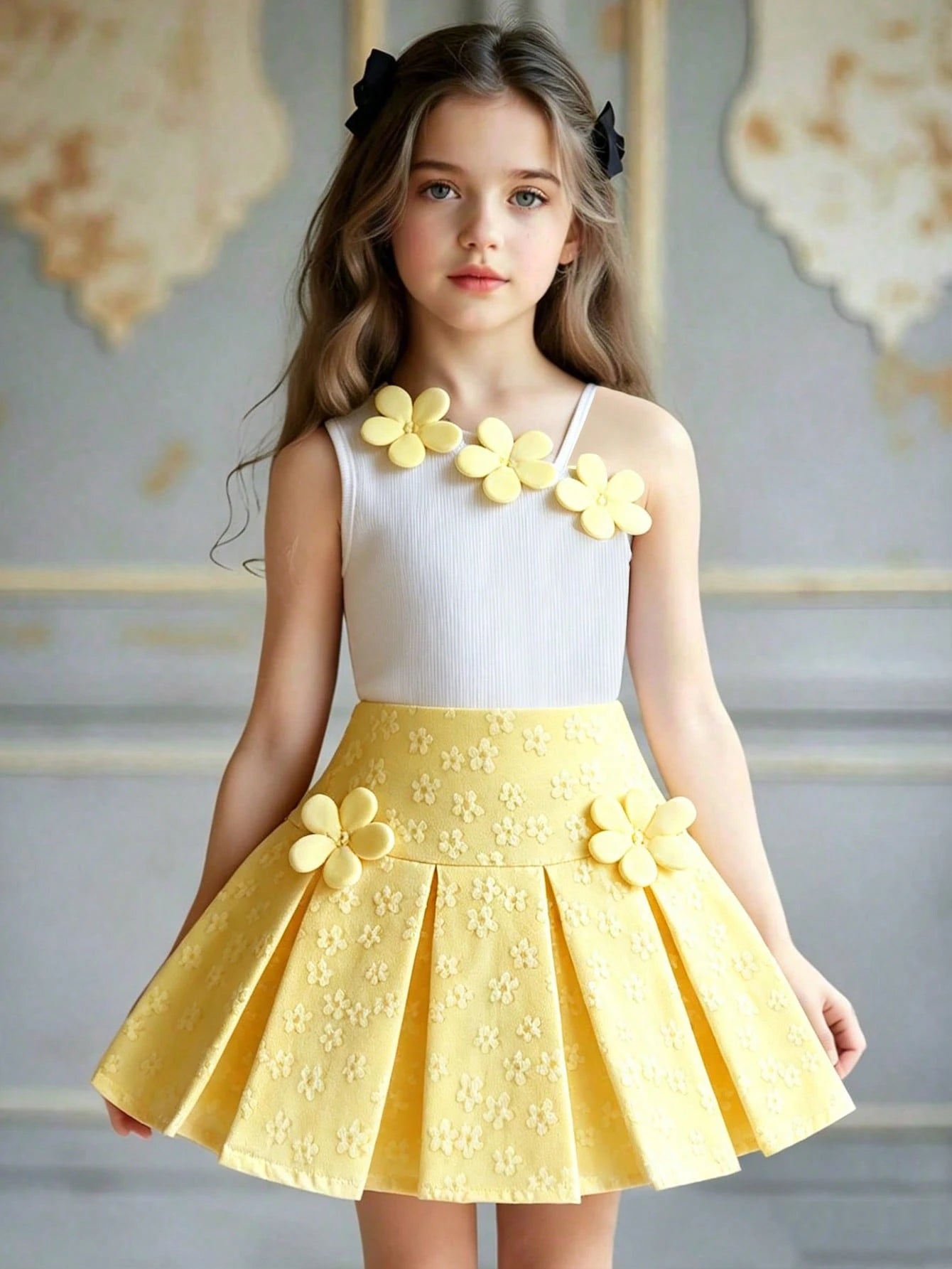 2pcs Girls 3D Floral Ribbed Cami & Pleated Skirt Set - Buttercup | ...