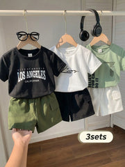 6pcs/Set Casual Black Summer City Break Graphic Knit Round Neck Short Sleeve T-Shirt & Elastic Waist Shorts Set Infant Outfit 6M-3T