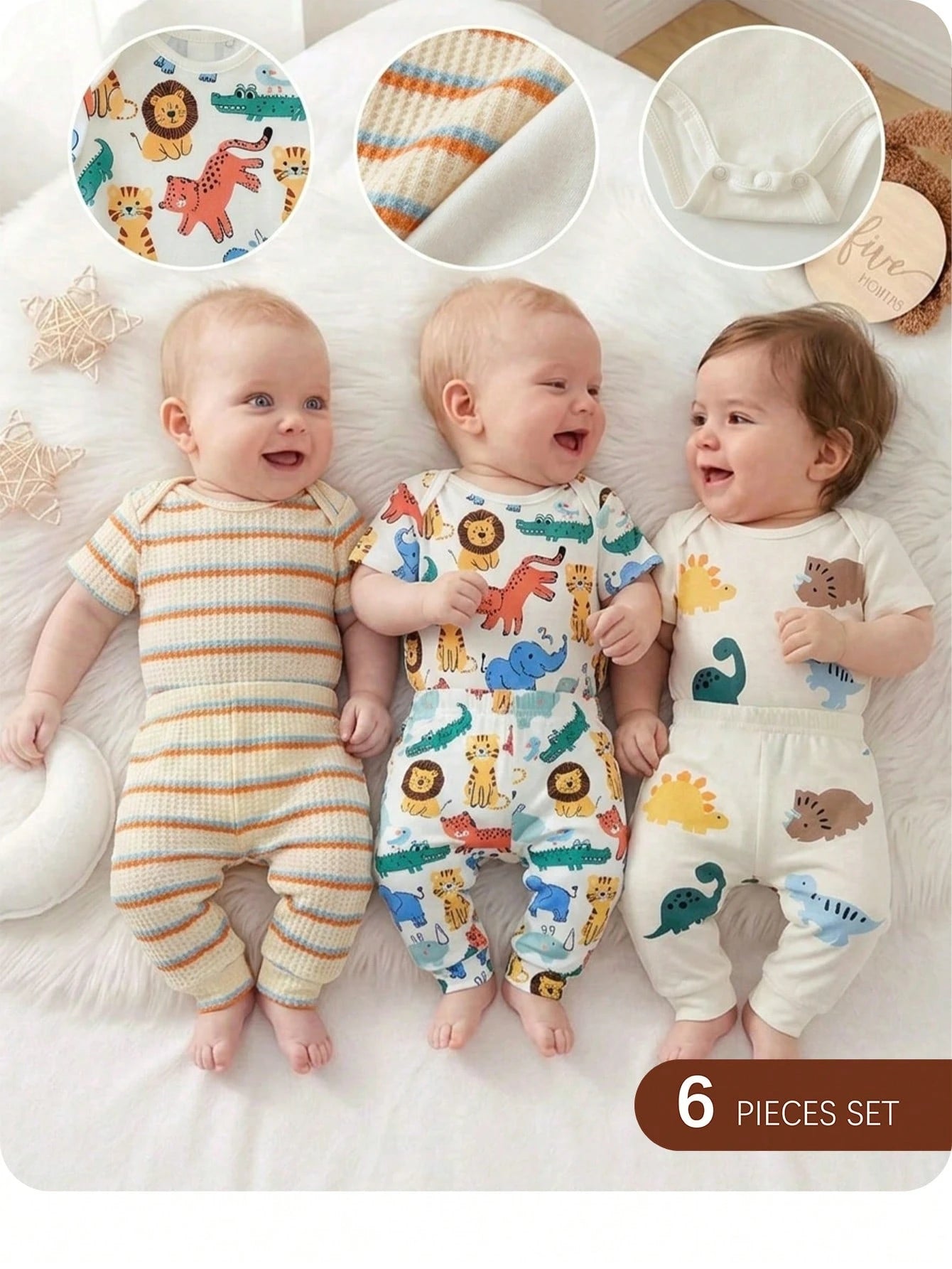 6pcs Baby Boys Dino & Safari Print Bodysuit & Pants Set - Ivory | 2...