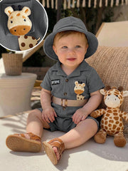 2pcs Unisex Giraffe Appliqué Safari Romper & Bucket Hat - Slate | 2...