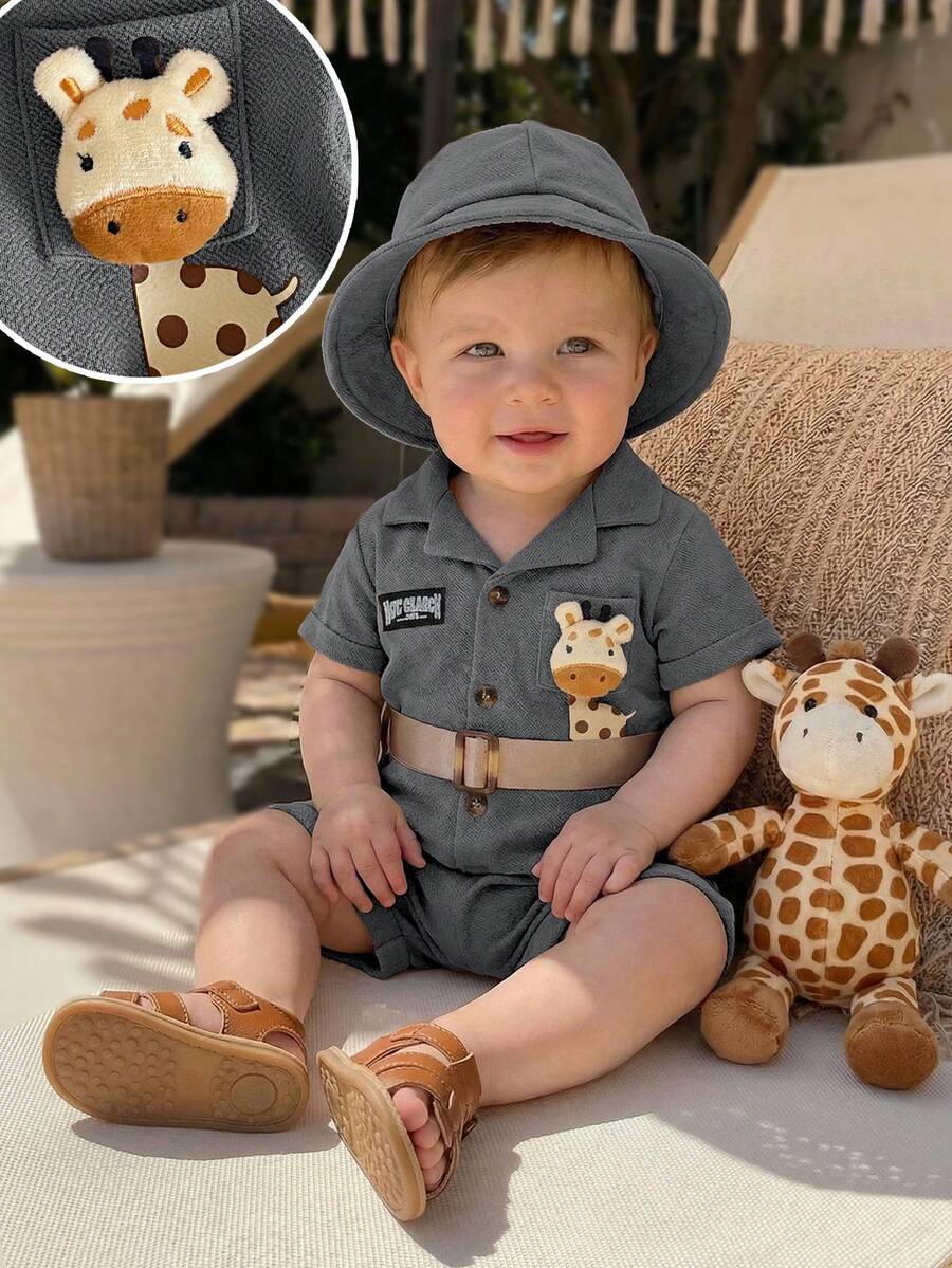 2pcs Unisex Giraffe Appliqué Safari Romper & Bucket Hat - Slate | 2...