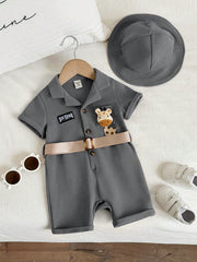 2pcs Unisex Giraffe Appliqué Safari Romper & Bucket Hat - Slate | 2...