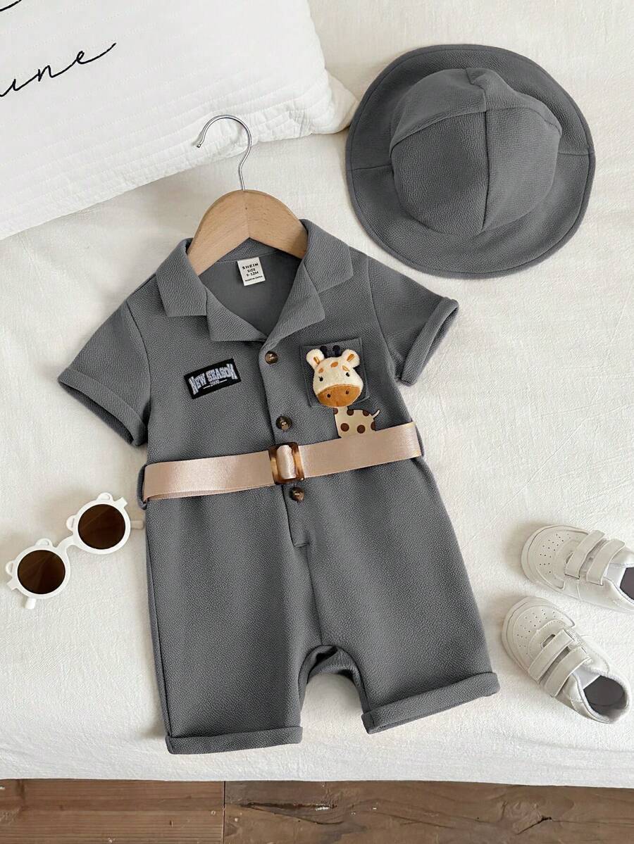2pcs Unisex Giraffe Appliqué Safari Romper & Bucket Hat - Slate | 2...
