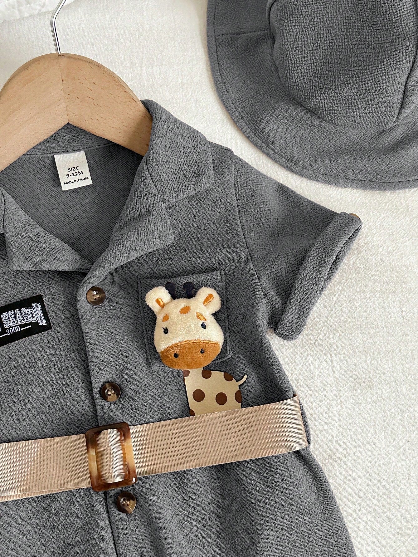 2pcs Unisex Giraffe Appliqué Safari Romper & Bucket Hat - Slate | 2...