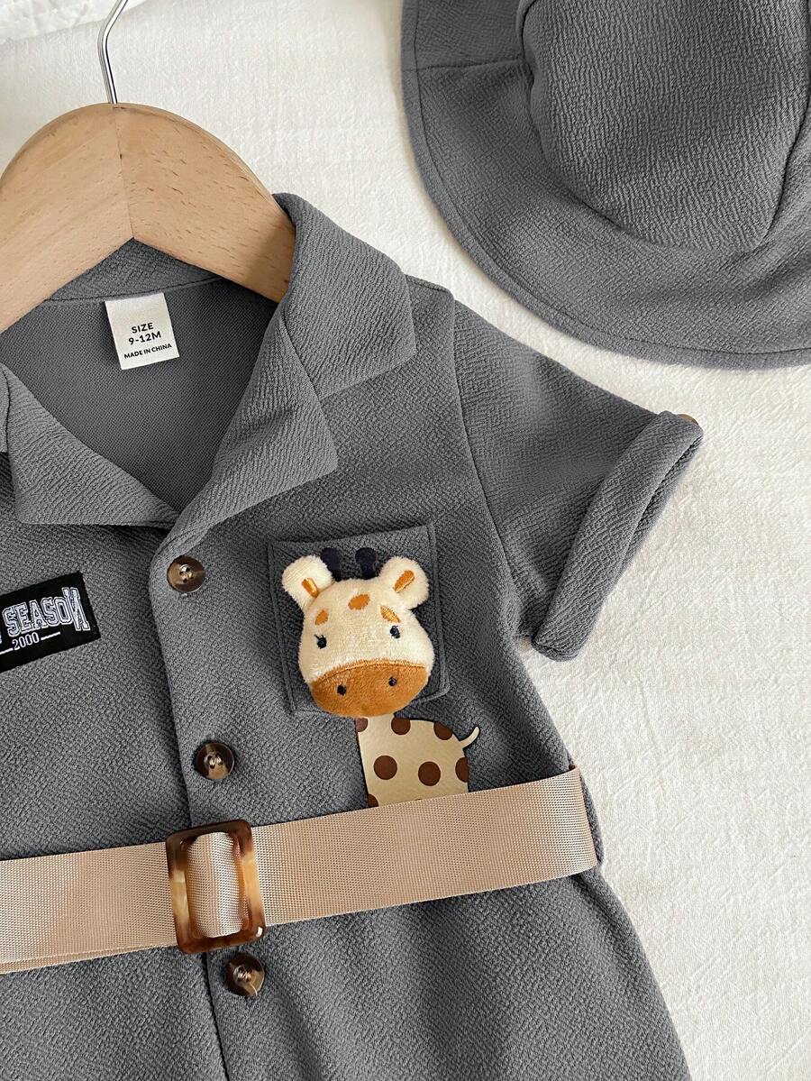 2pcs Unisex Giraffe Appliqué Safari Romper & Bucket Hat - Slate | 2...