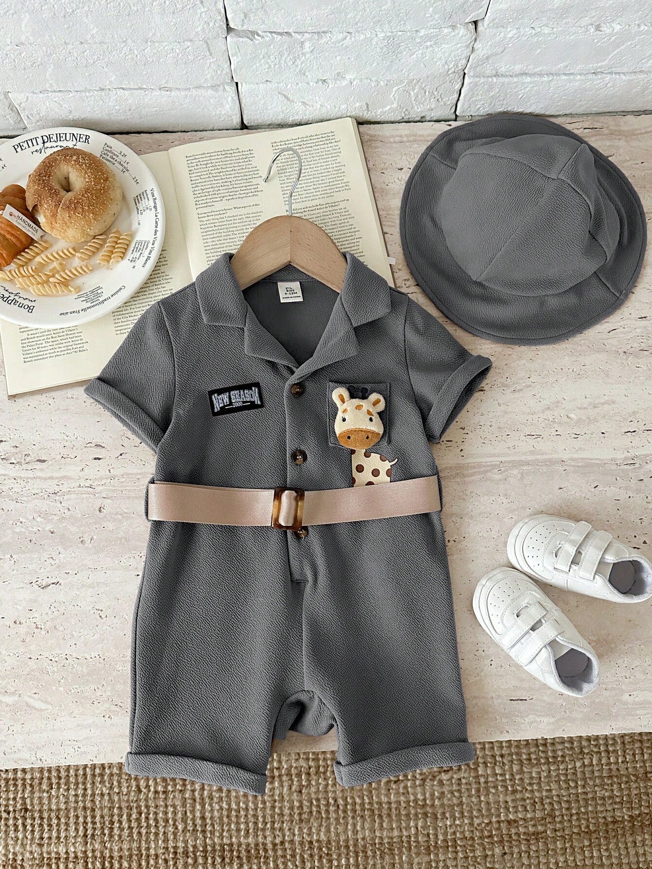 2pcs Unisex Giraffe Appliqué Safari Romper & Bucket Hat - Slate | 2...