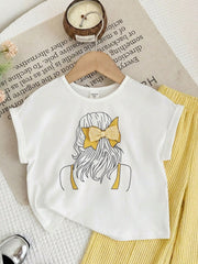 2pcs Little Girls Bow Print Tee & Striped Wide-Leg Pants Set - Butt...