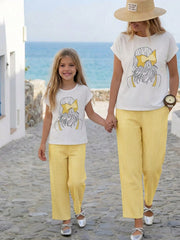 2pcs Little Girls Bow Print Tee & Striped Wide-Leg Pants Set - Butt...