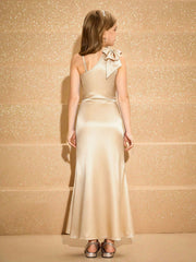 Girls One-Shoulder Bow Satin Maxi Gown - Champagne | 21 Century Kids