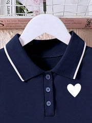 Girls Heart Emblem Polo Collar Skater Dress - Midnight