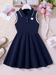Girls Heart Emblem Polo Collar Skater Dress - Midnight