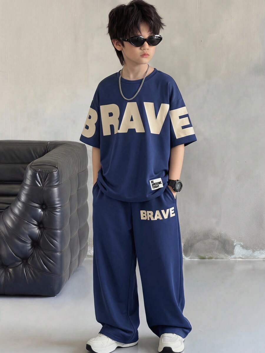 2pcs Big Boys BRAVE Letter Print T-Shirt & Pants Set - Midnight | 2...