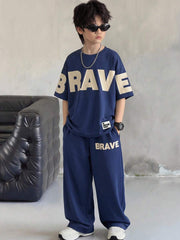 2pcs Big Boys BRAVE Letter Print T-Shirt & Pants Set - Midnight | 2...