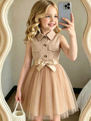 Girls Utility Bodice Tulle Skirt Bow-Belted Dress - Latte