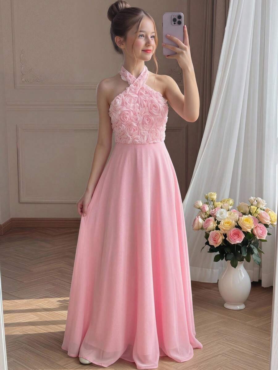 Big Girls 3D Rosette Halter Chiffon Maxi Dress - Blush | 21 Century...