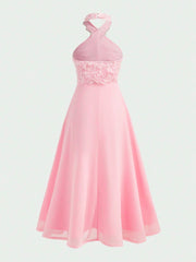Big Girls 3D Rosette Halter Chiffon Maxi Dress - Blush | 21 Century...