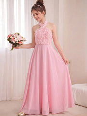 Big Girls 3D Rosette Halter Chiffon Maxi Dress - Blush | 21 Century...