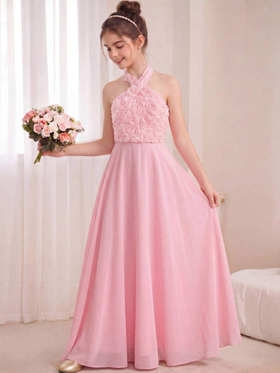 Big Girls 3D Rosette Halter Chiffon Maxi Dress - Blush | 21 Century...