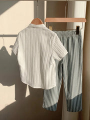 Boys Mandarin Collar Textured Shirt & Stripe Trousers Set - Ivory