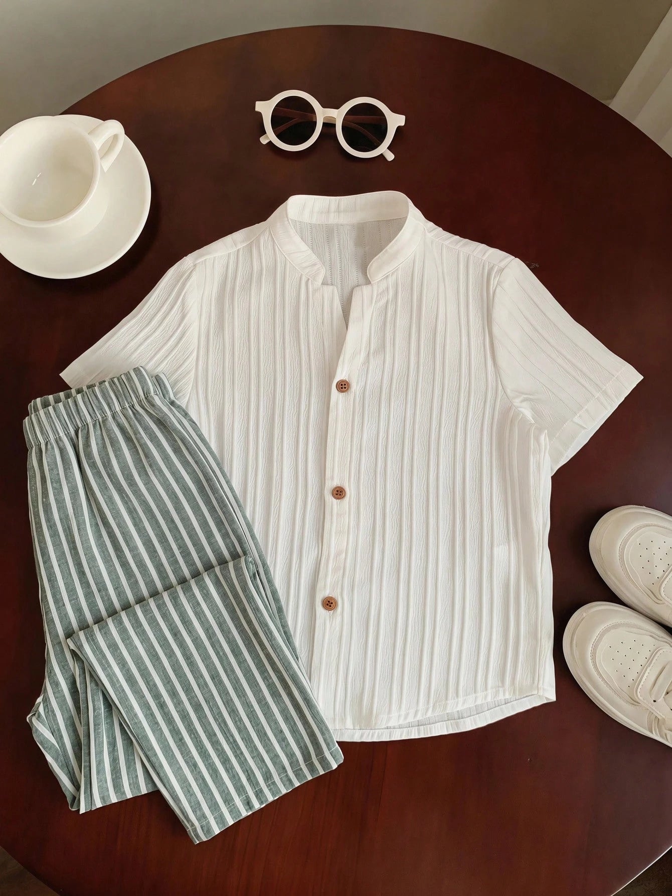Boys Mandarin Collar Textured Shirt & Stripe Trousers Set - Ivory
