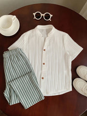 Boys Mandarin Collar Textured Shirt & Stripe Trousers Set - Ivory