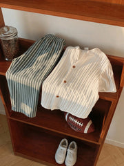 Boys Mandarin Collar Textured Shirt & Stripe Trousers Set - Ivory