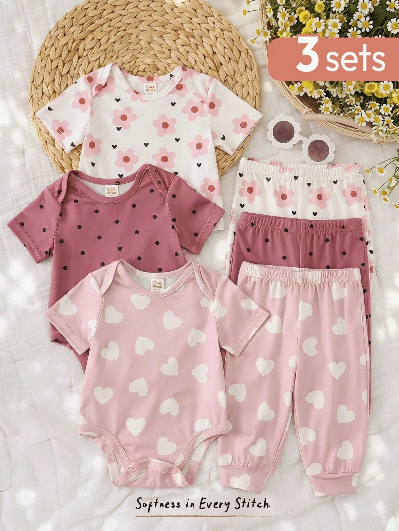 3pcs Baby Girls Floral & Heart Print Bodysuit & Jogger Set - Blush ...