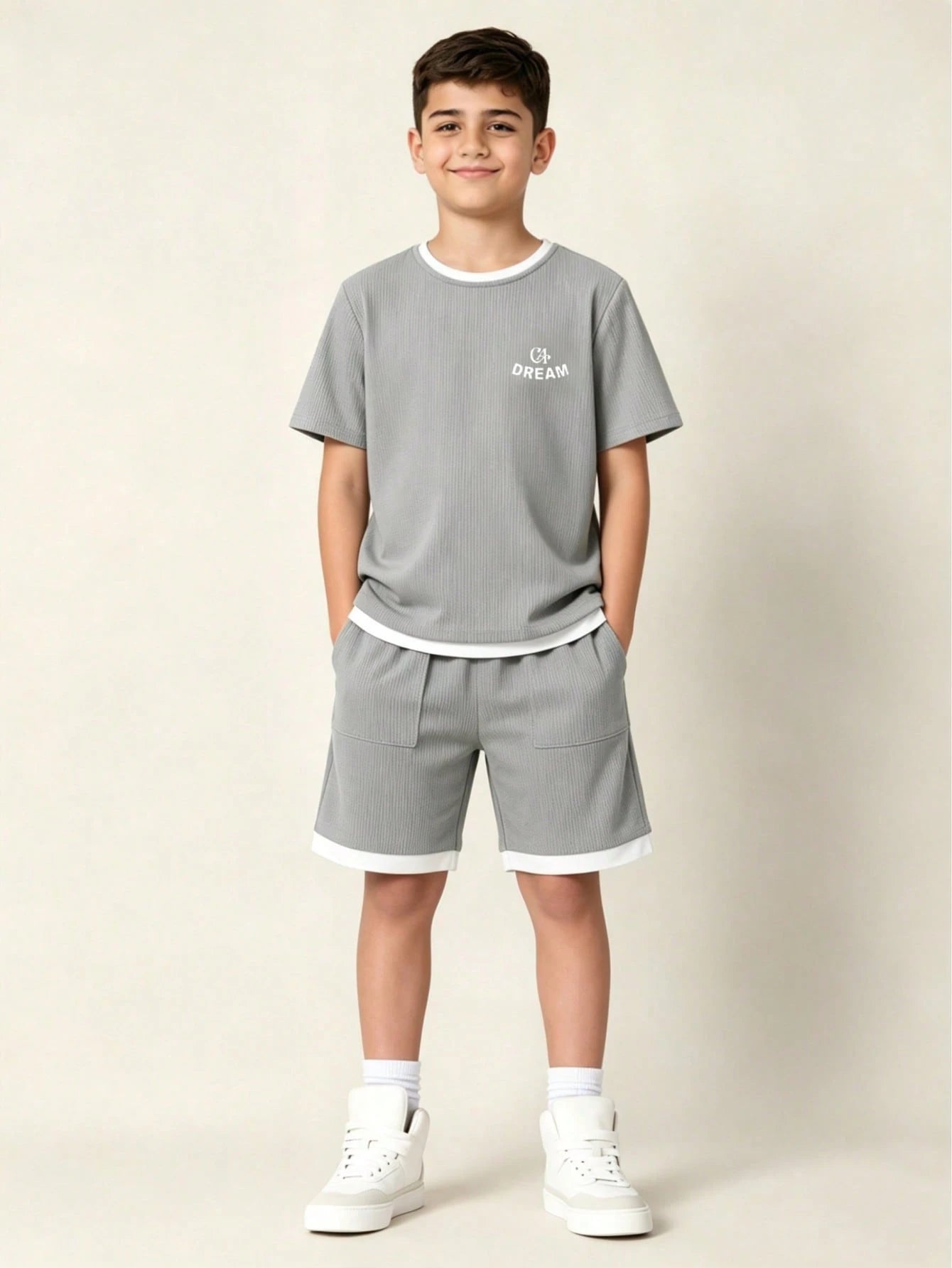 2pcs Big Boys Waffle Knit Ringer Tee & Bermuda Shorts Set - Slate |...
