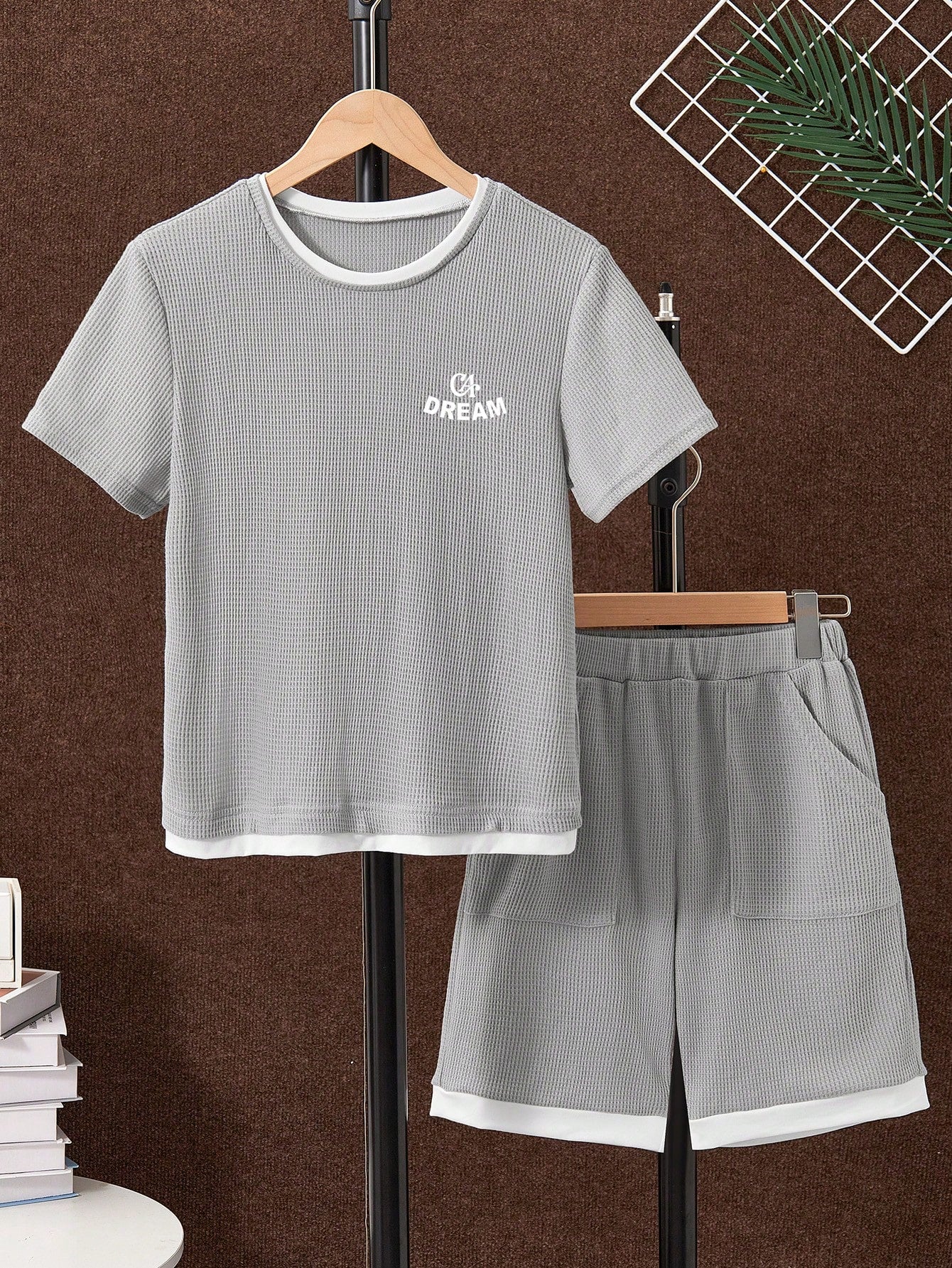 2pcs Big Boys Waffle Knit Ringer Tee & Bermuda Shorts Set - Slate |...