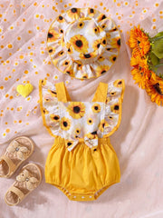 2pcs Girls Sunflower Print Ruffle Romper & Bucket Hat - Marigold | ...