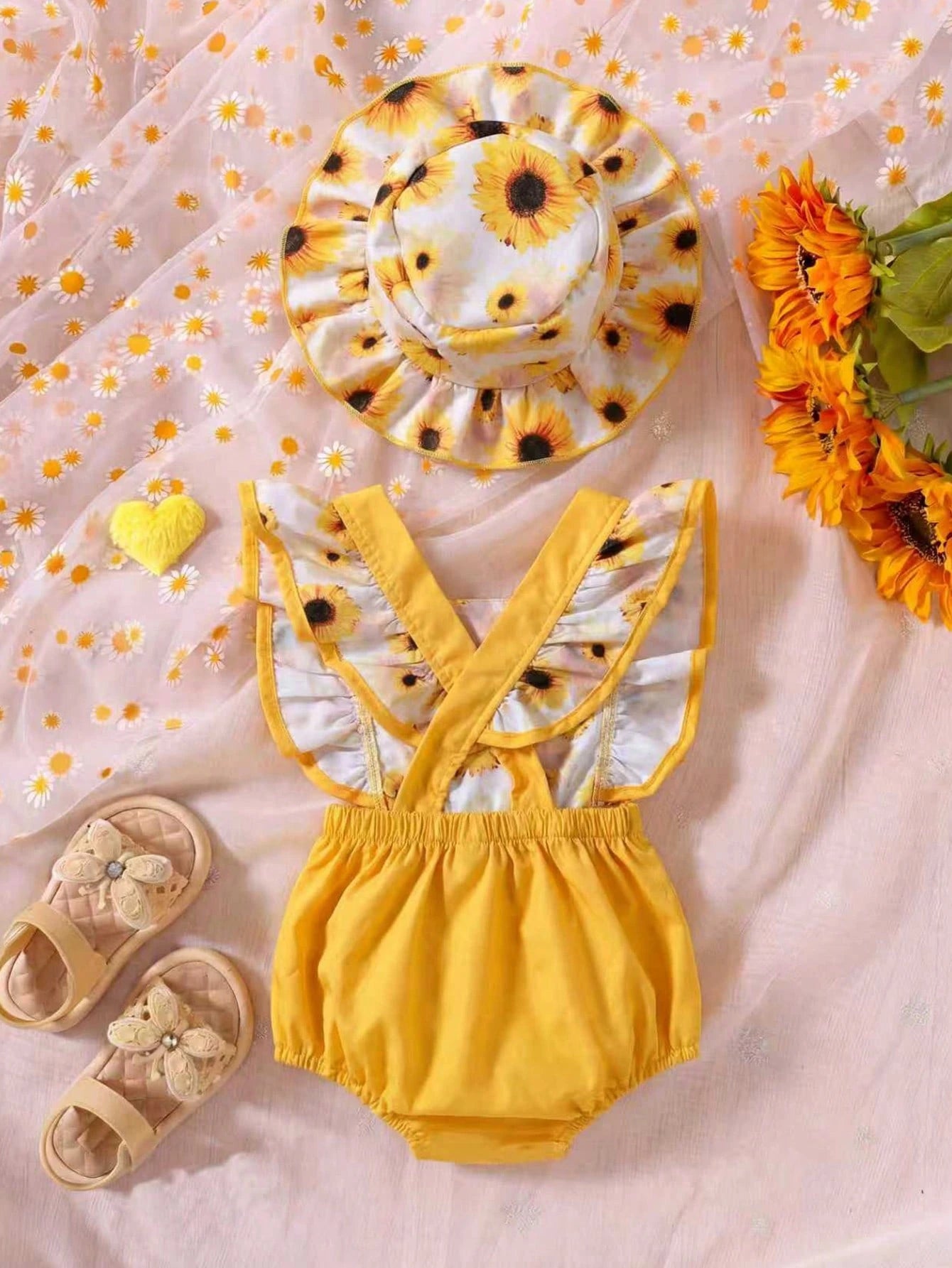2pcs Girls Sunflower Print Ruffle Romper & Bucket Hat - Marigold | ...