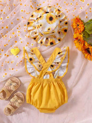 2pcs Girls Sunflower Print Ruffle Romper & Bucket Hat - Marigold | ...