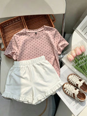 2pcs Little Girls Polka Dot Tee & Ruffle Shorts Set - Blush | 21 Ce...