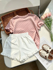 2pcs Little Girls Polka Dot Tee & Ruffle Shorts Set - Blush | 21 Ce...