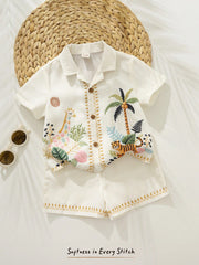 2pcs Boys Jungle Embroidered Resort Shirt & Shorts Set - Ecru | 21 ...