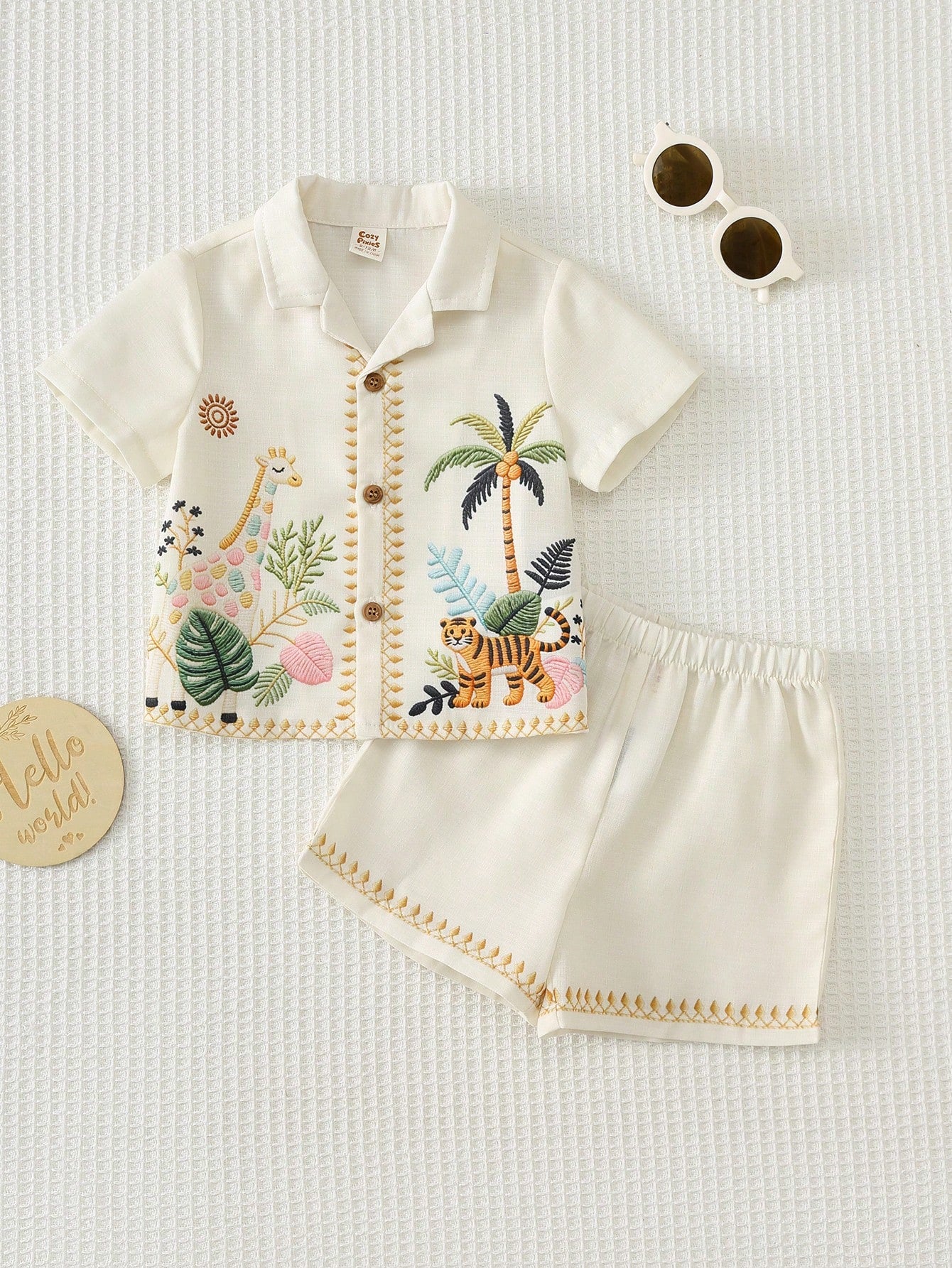 2pcs Boys Jungle Embroidered Resort Shirt & Shorts Set - Ecru | 21 ...