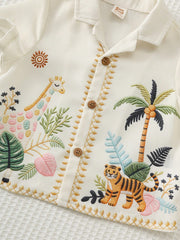2pcs Boys Jungle Embroidered Resort Shirt & Shorts Set - Ecru | 21 ...