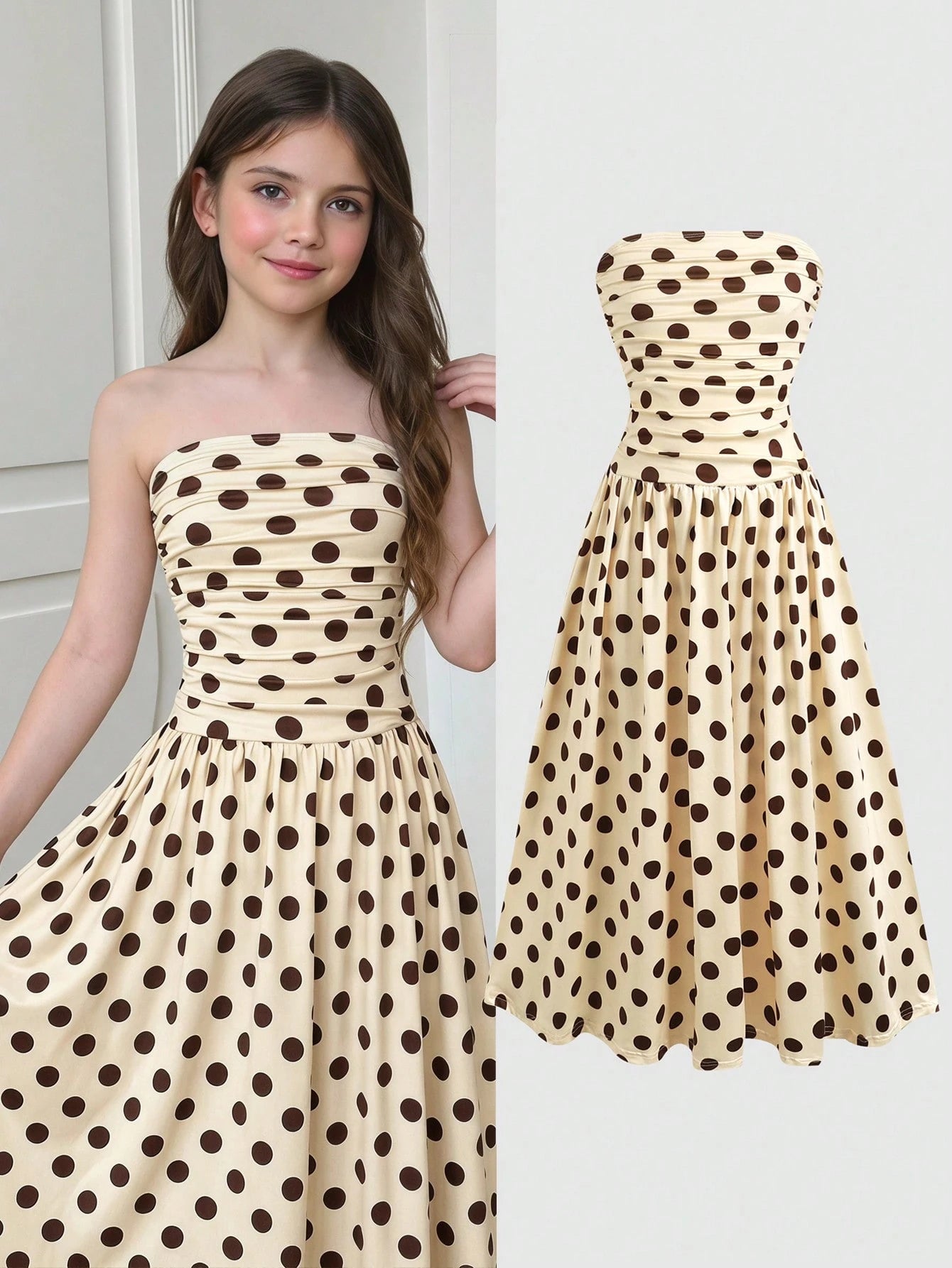 Big Girls Polka Dot Ruched Strapless A-Line Dress - Ecru | 21 Centu...