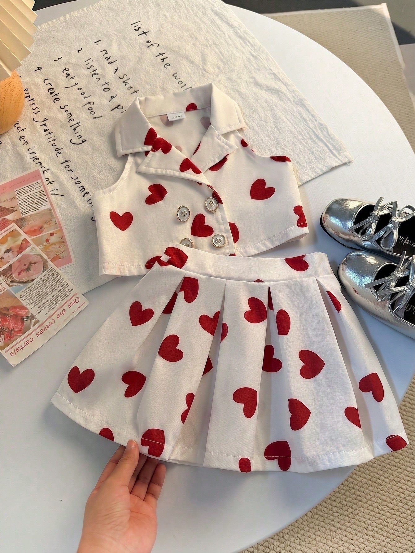 2pcs Girls Heart Print Lapel Top & Pleated Skirt Set - Ivory | 21 C...